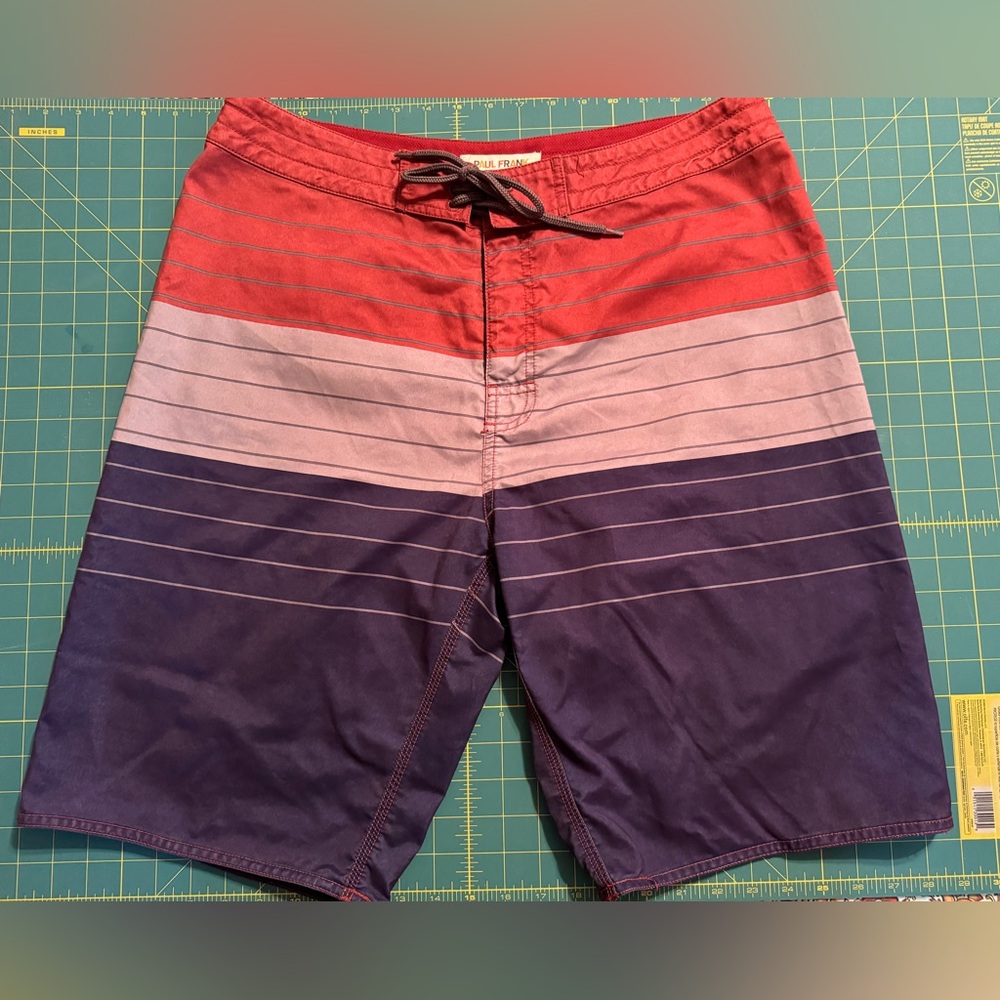 Paul Frank Red Grey Blue PF Drawstring Board Shorts Made In USA Y2K Size 34